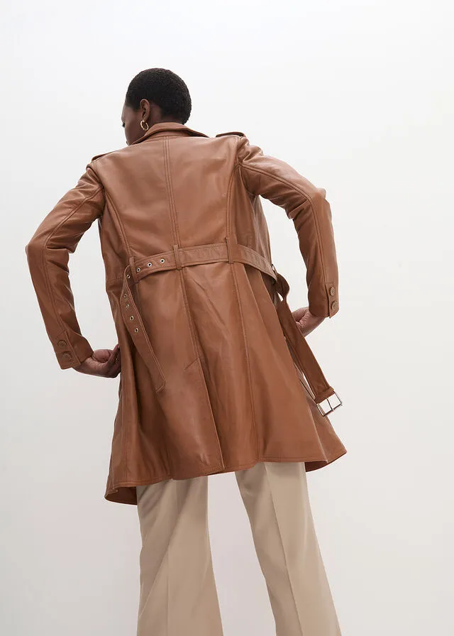 Gabardina de cuero de napa de cordero con cinturón (2 piezas) Coñac